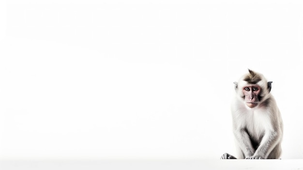 고양이는 흰색 배경 앞 선반에 앉아 있다.