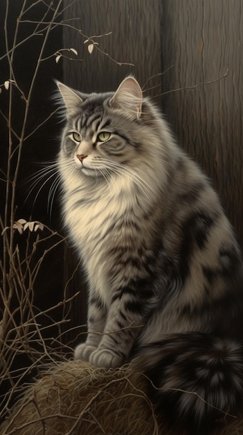 A cat sits on a ledge in front of a wooden wall.