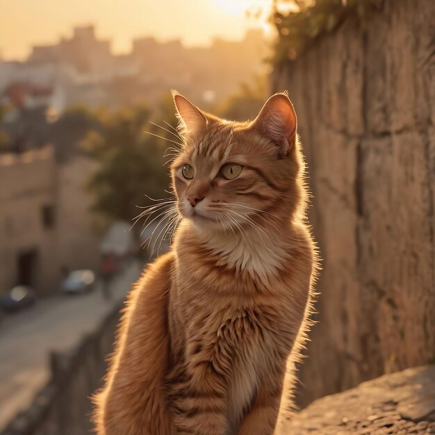 a cat sits on a ledge with the sun setting behind him