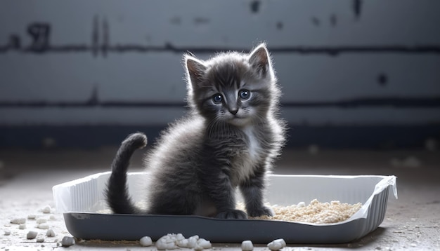 Кошка сидит в лотке со словом «мусор».