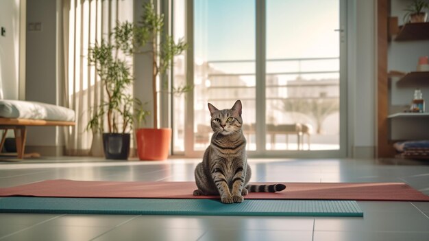 A cat sits on a mat in a yoga studio.