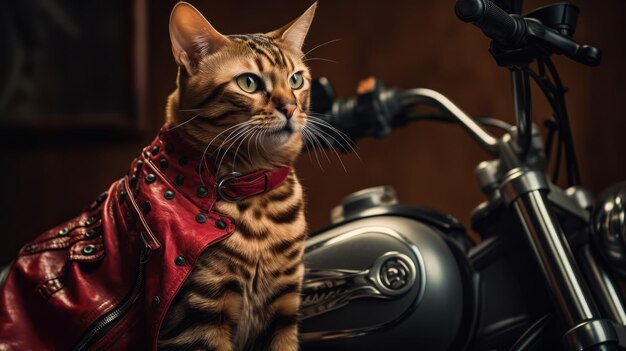 A cat sits on a motorcycle wearing a red jacket with the word bengal on it.