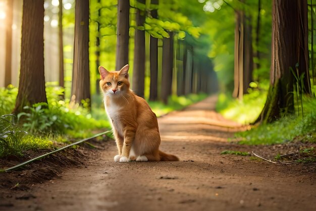 A cat sits on a path in the forest