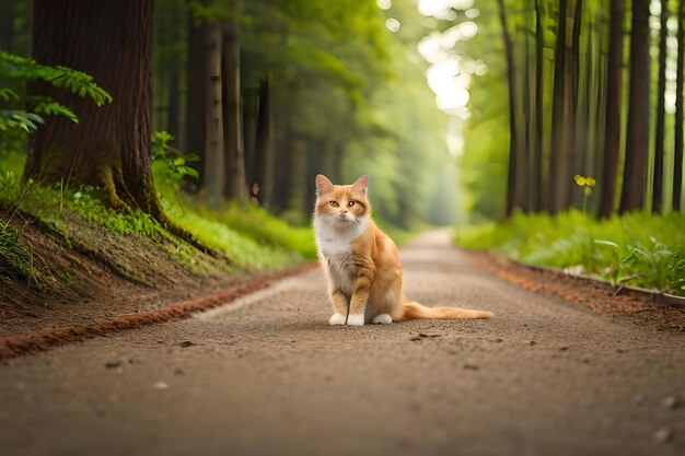 A cat sits on a path in the forest