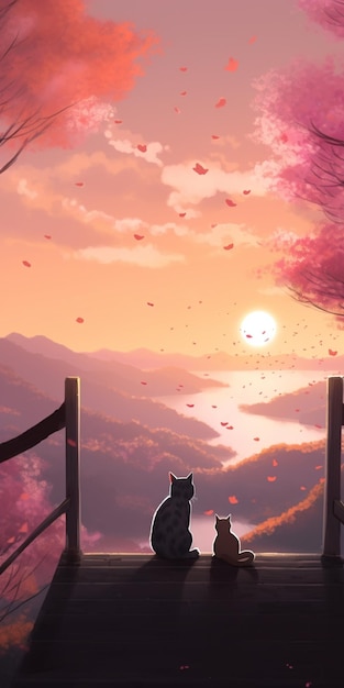 A cat sits on a path in front of a sunset.