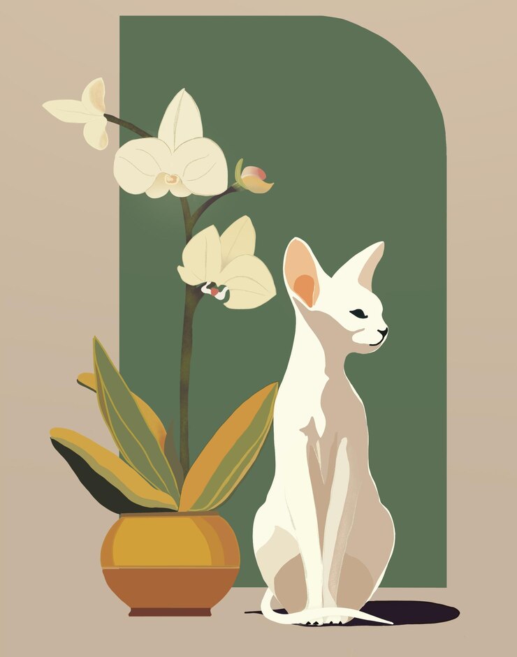 Photo a cat sits next to a plant with a orchid on it.