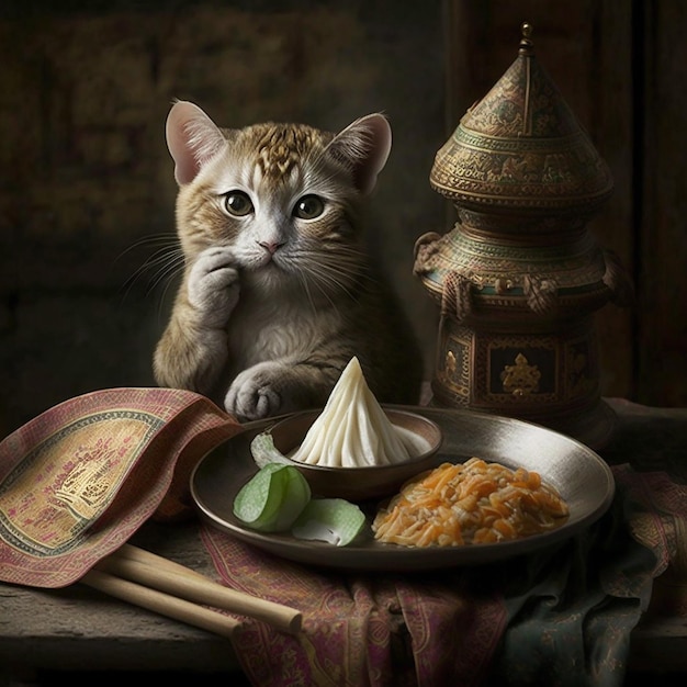 A cat sits at a plate of food with a sign that says'the word food'on it