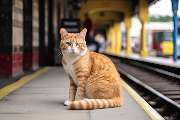 駅のホームに猫が座っています。