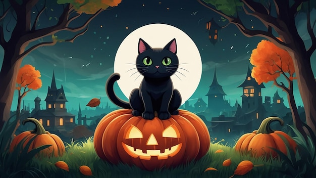 a cat sits on a pumpkin with the moon in the background