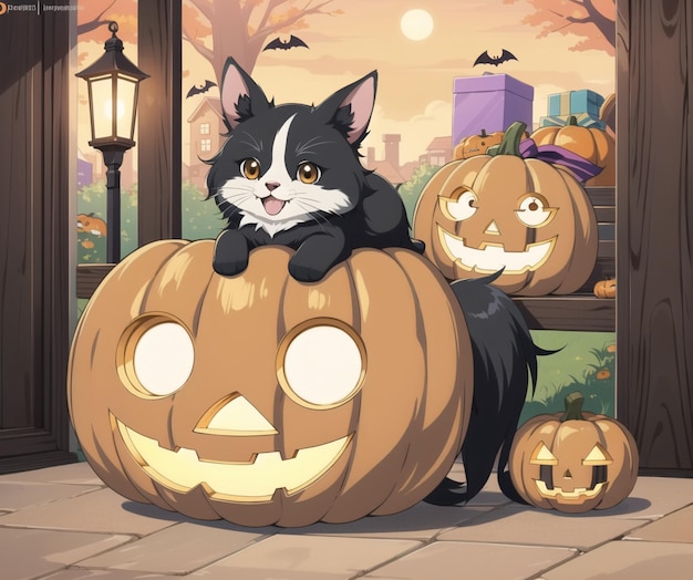 A cat sits on a pumpkin