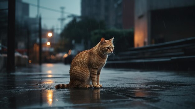 照片一只猫坐在面前的雨