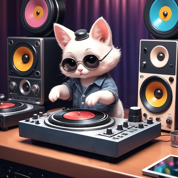 Photo a cat sits on a record player with a pair of glasses