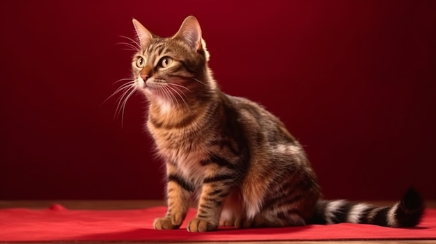 A cat sits on a red carpet in front of a red background.