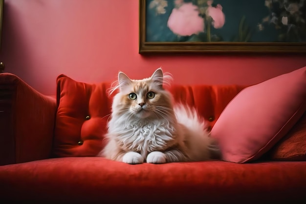 A cat sits on a red couch with a pink background.