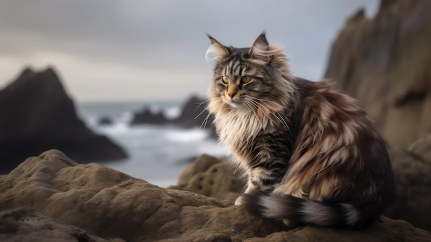 A cat sits on a rock in front of the ocean