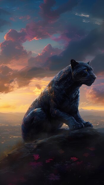 a cat sits on a rock and looks at the sunset