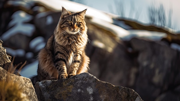 Кот сидит на камне в снегу