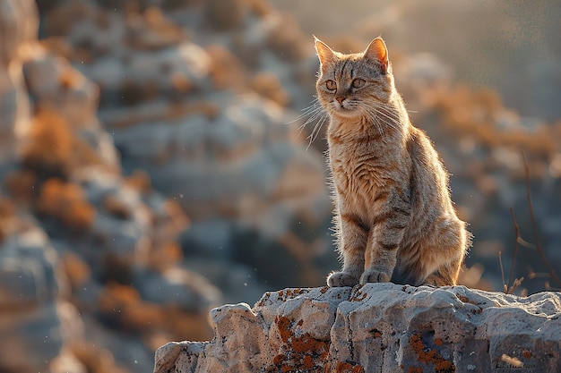 a cat sits on a rock with the sun behind it