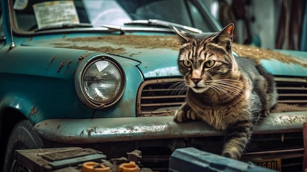 A cat sits on a rusty car in a garage.