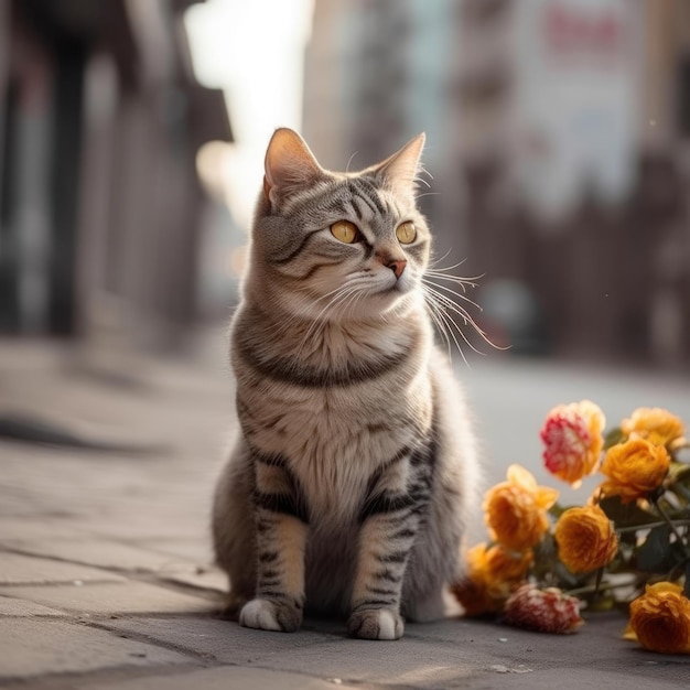 A cat sits on the sidewalk next to a bunch of flowers.