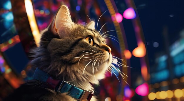 Cat sits sideways and looks away in front of backdrop of a festive bright colorful ferris wheel