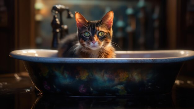 Photo a cat sits in a sink with the word cat on it