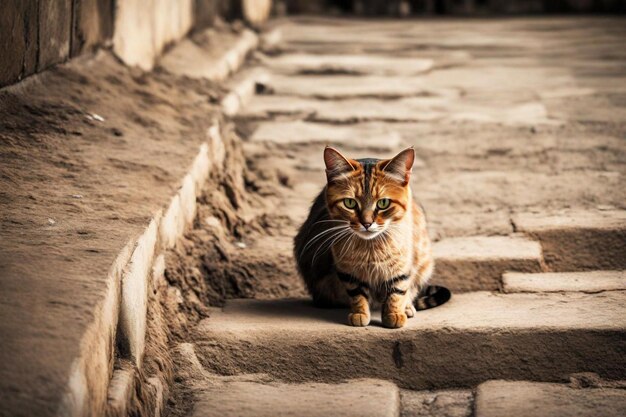 a cat sits on a step in a city with a black background