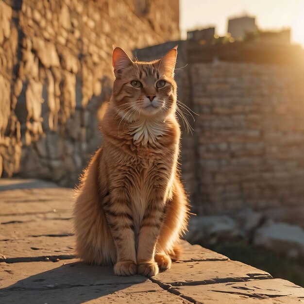 a cat sits on a stone surface with the sun setting behind it