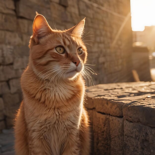 猫が太陽の下の石の壁に座っている