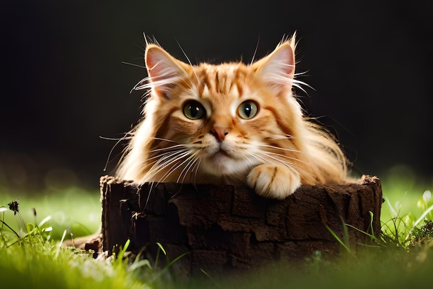 A cat sits on a stump in the grass