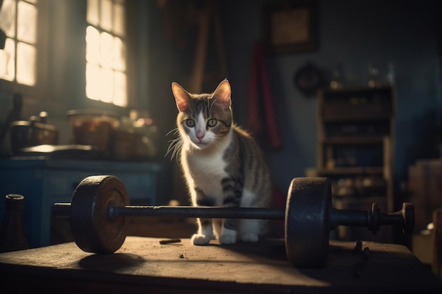 A cat sits on a table in a dark room with a dumbbell.