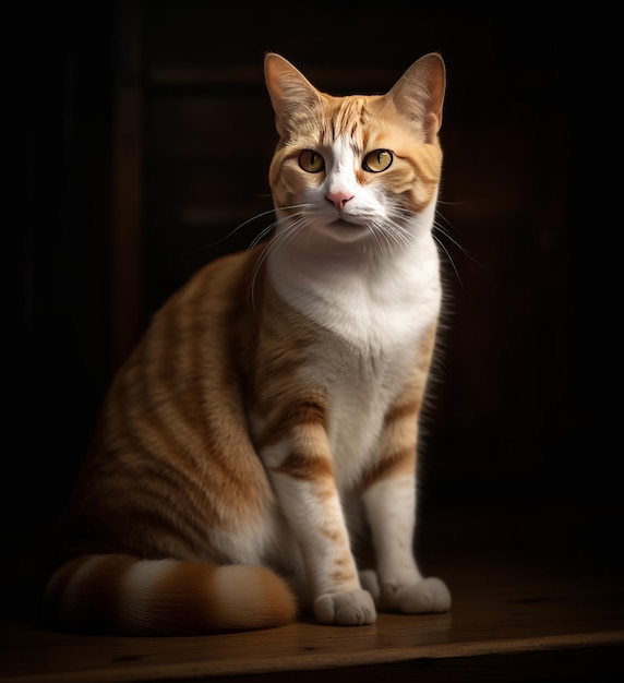 A cat sits on a table in a dark room.