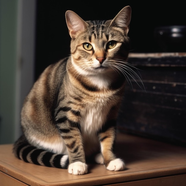 A cat sits on a table in front of a black object.