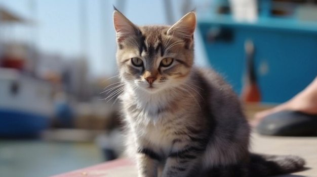 A cat sits on a table in front of a blue boat