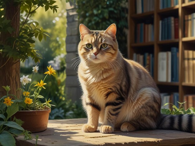 a cat sits on a table in front of a book shelf