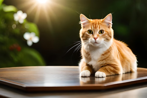 花の背景の前のテーブルに猫が座っています。