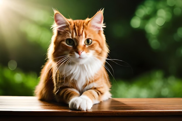 A cat sits on a table in front of a green background.