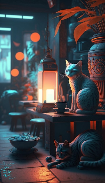 A cat sits on a table in front of a lantern.