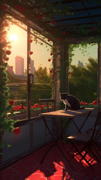 A cat sits on a table in front of a window with a city in the background.