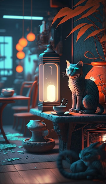 A cat sits on a table next to a lantern.