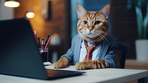 Photo the cat sits at the table in the office