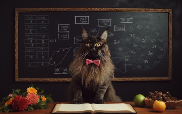 Photo a cat sits on a table with a book titled  the cat is sitting on a table