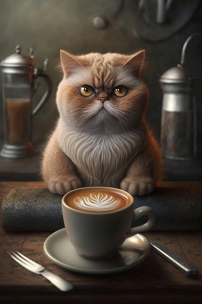 A cat sits at a table with a cup of coffee.