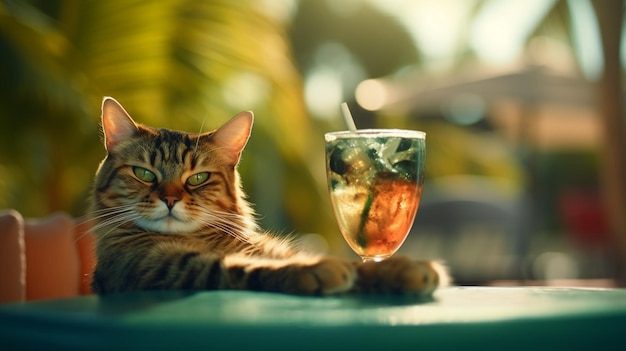 A cat sits at a table with a glass of cocktail.