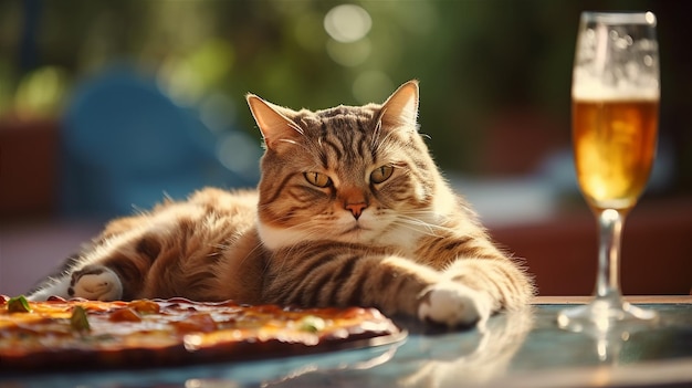 A cat sits at a table with a pizza on it