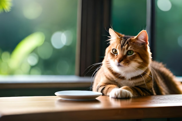 A cat sits at a table with a plate on it.