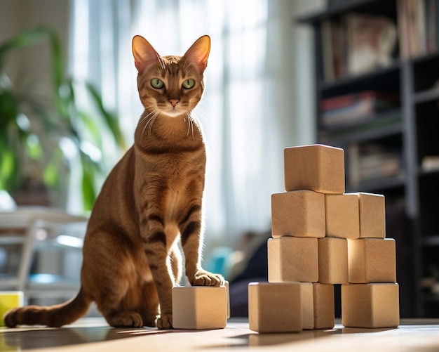 a cat sits on a table with a stack of boxes