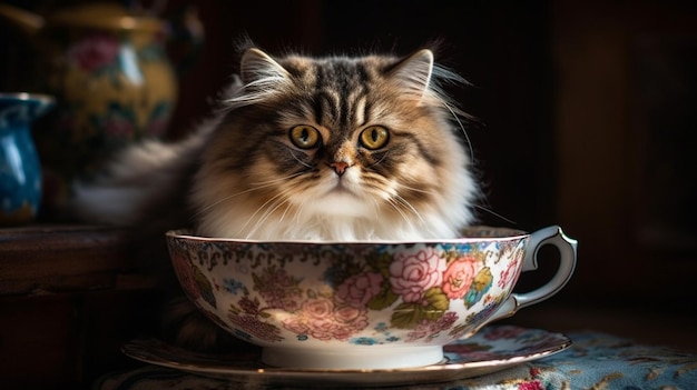 A cat sits in a teacup with a floral pattern.