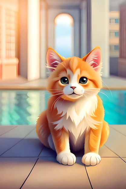 A cat sits on a tile in front of a pool.