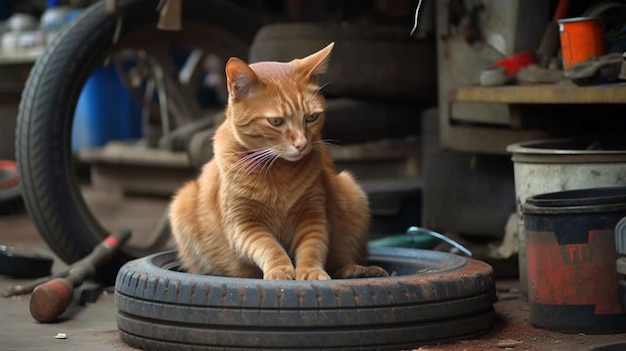 ガレージのタイヤの上に猫が座っています。